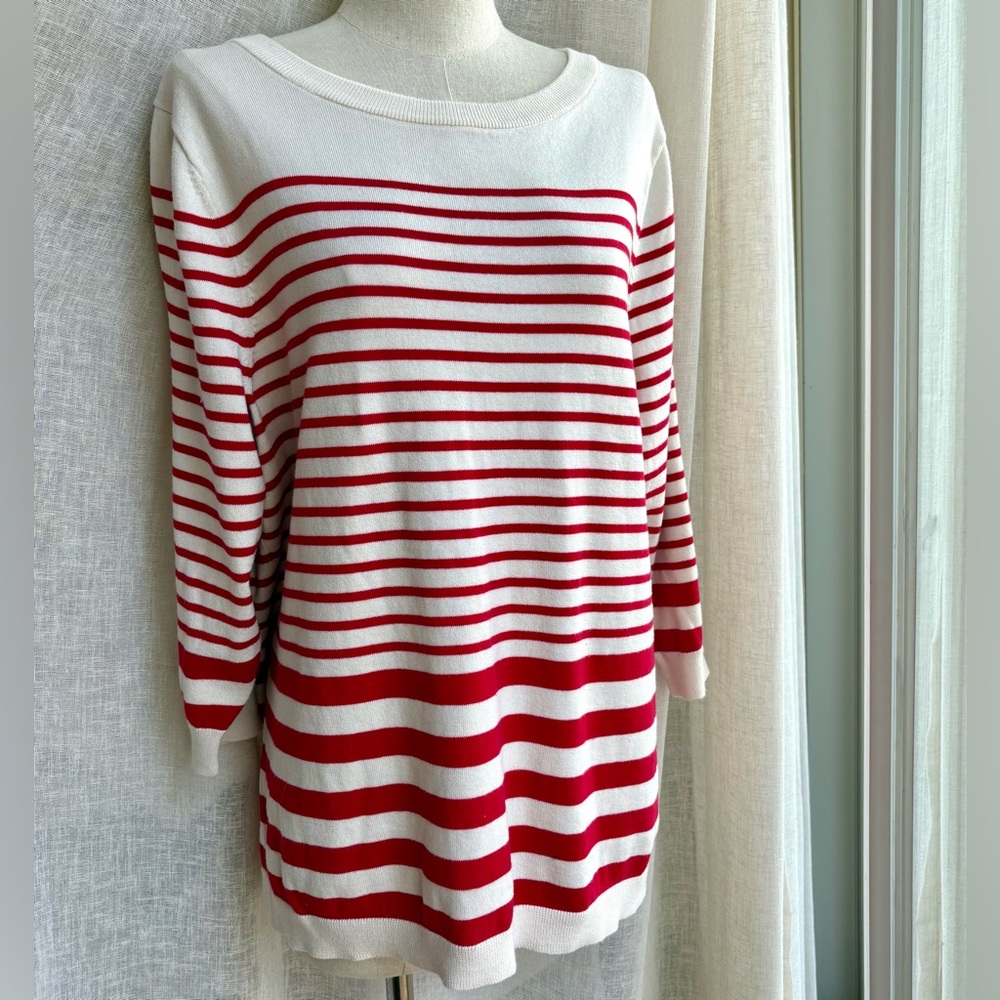 Lands’ End Supima Cotton white red‎ stripes crop sleeve sweater